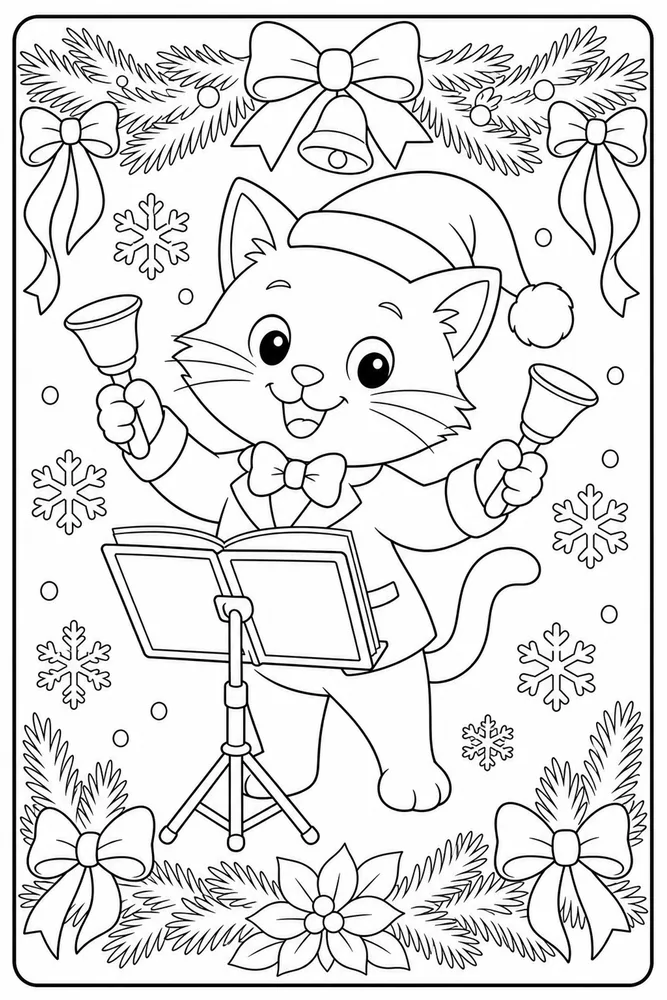 Christmas cat with hand bells coloring page
