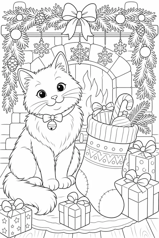 Christmas Cat Coloring Pages preview: Christmas cat sitting beside a stocking coloring page