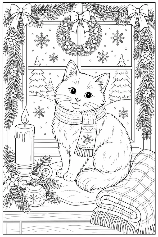 Christmas cat sitting by a candlelit window coloring page