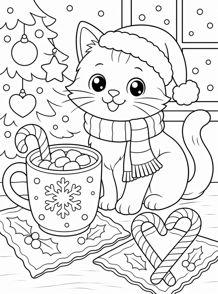 Christmas Cat Candy Cane Cocoa printable coloring page for kids