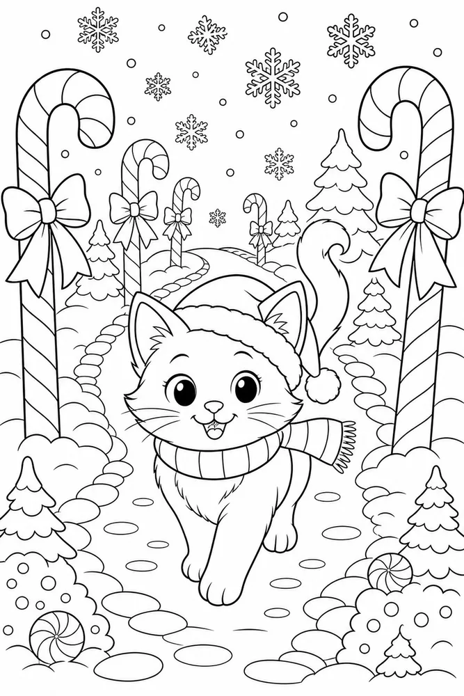 Christmas cat on a candy cane lane coloring page