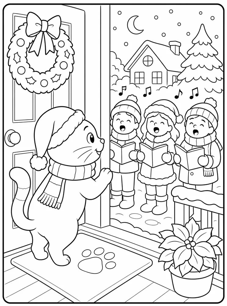 Christmas Cat Caroling Door printable coloring page for kids
