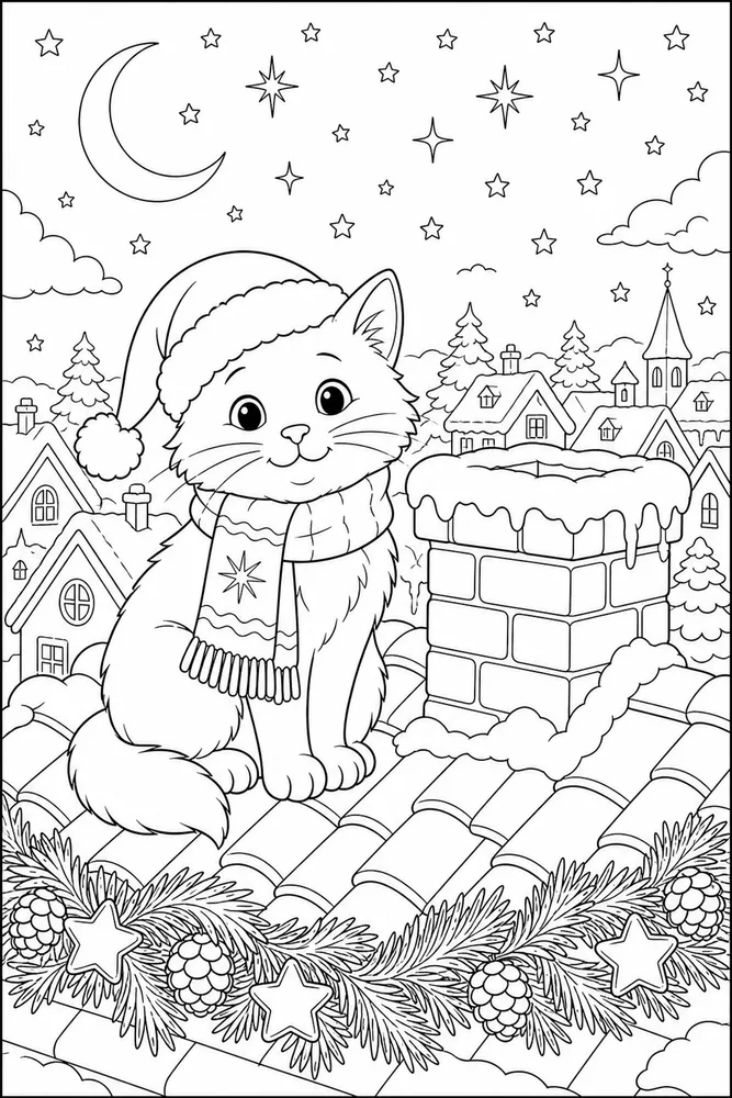 Christmas cat near a snowy chimney coloring page