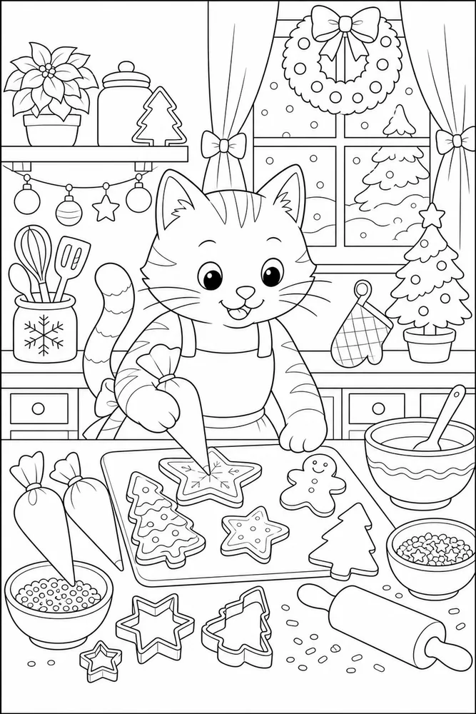 Christmas cat decorating holiday cookies coloring page
