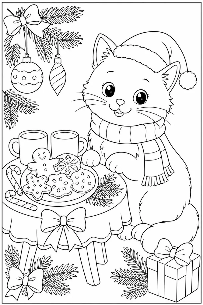 Christmas cat beside a cookie table coloring page