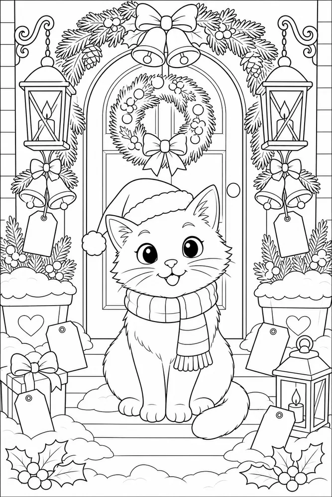 Christmas cat on decorated carol doorstep coloring page