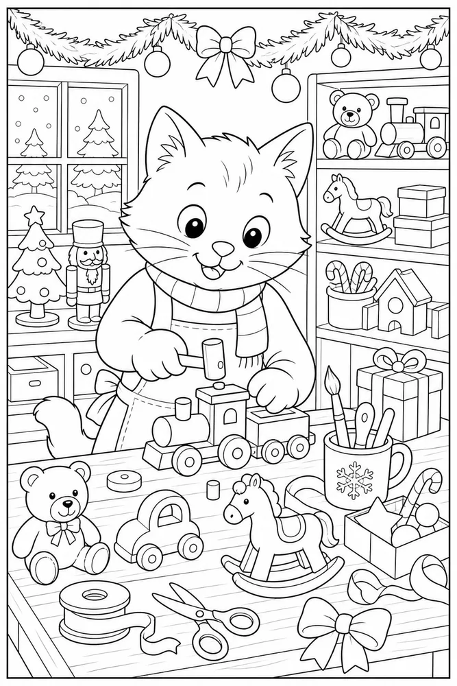 Christmas cat at a toy workbench coloring page