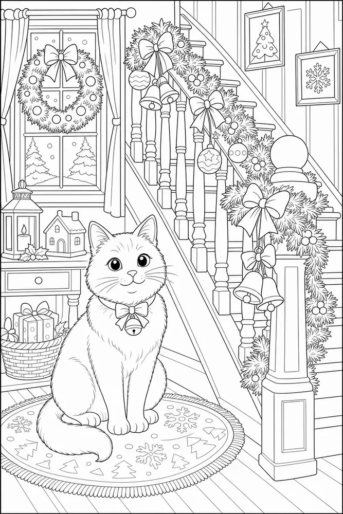 Christmas cat by a garland staircase coloring page