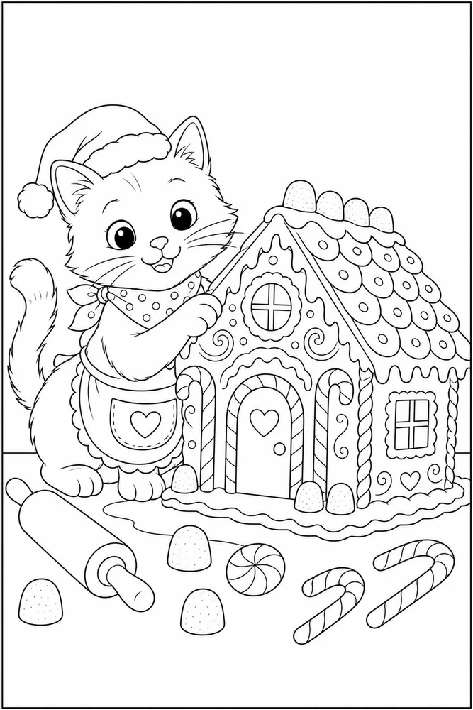 Christmas cat beside a gingerbread house coloring page