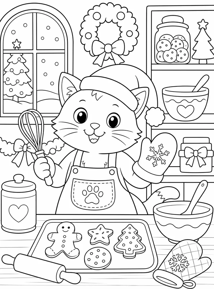 Christmas Cat Holiday Bakery printable coloring page for kids
