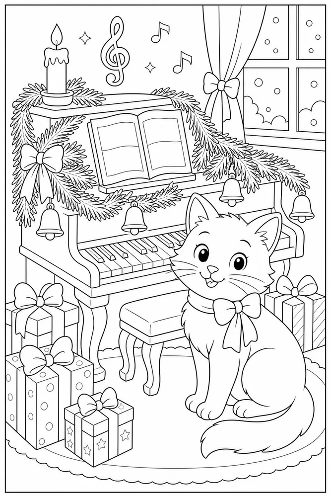 Christmas cat sitting beside a holiday piano coloring page