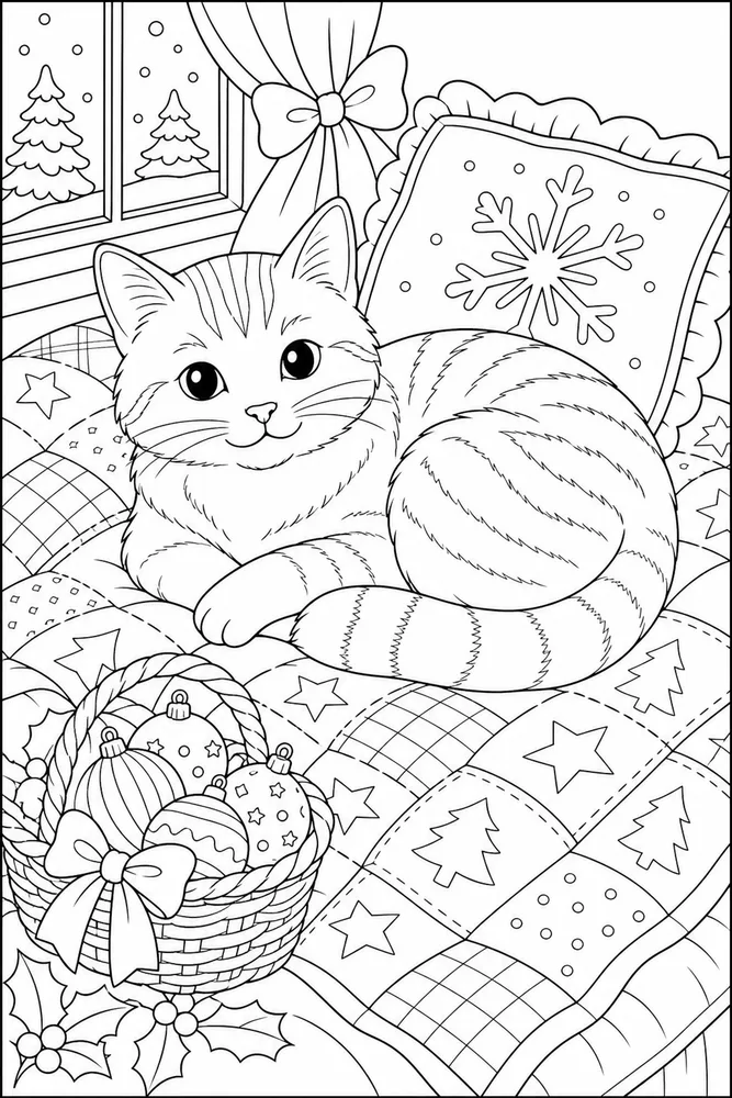 Christmas cat resting on a holiday quilt coloring page