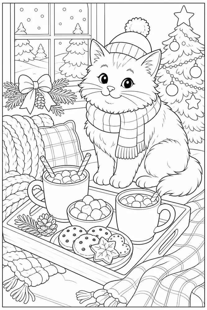 Christmas cat beside a hot cocoa tray coloring page