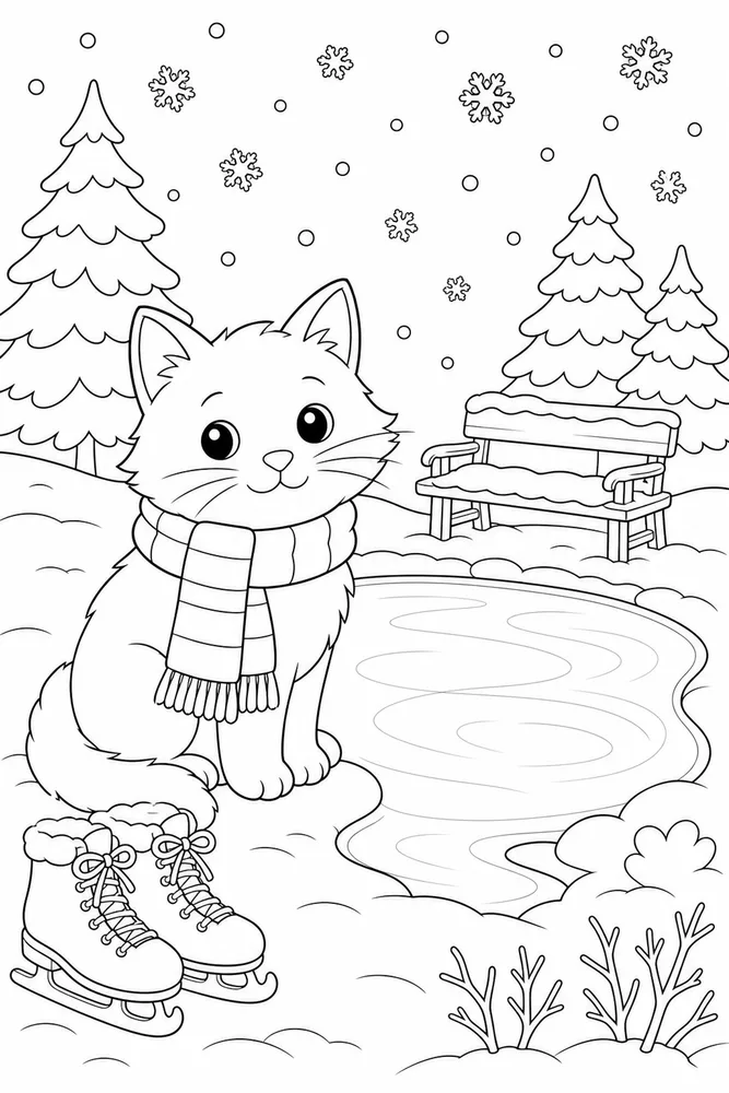 Christmas cat beside a frozen skating pond coloring page