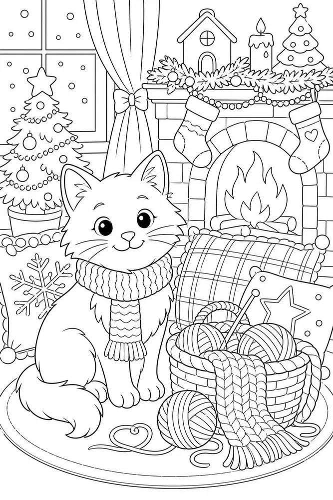 Christmas cat beside a knitting basket coloring page