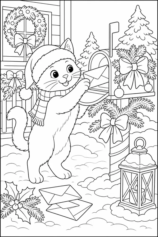 Christmas cat beside a decorated mailbox coloring page