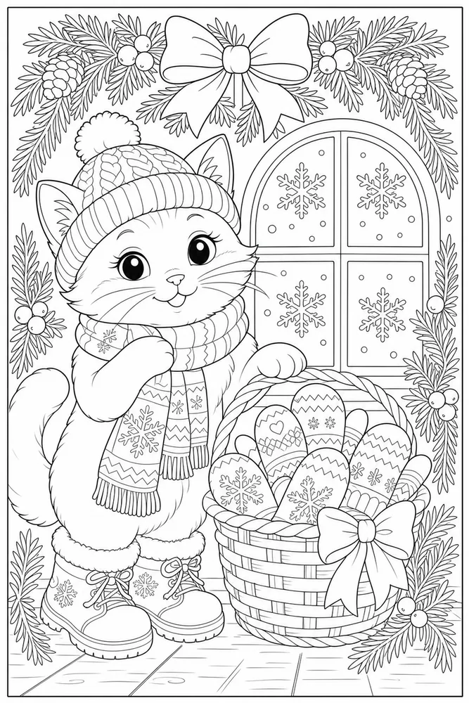 Christmas cat beside a mitten basket coloring page