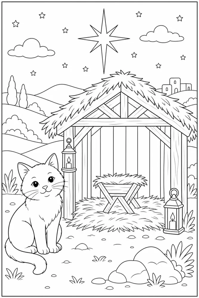 Christmas cat beside a peaceful stable coloring page