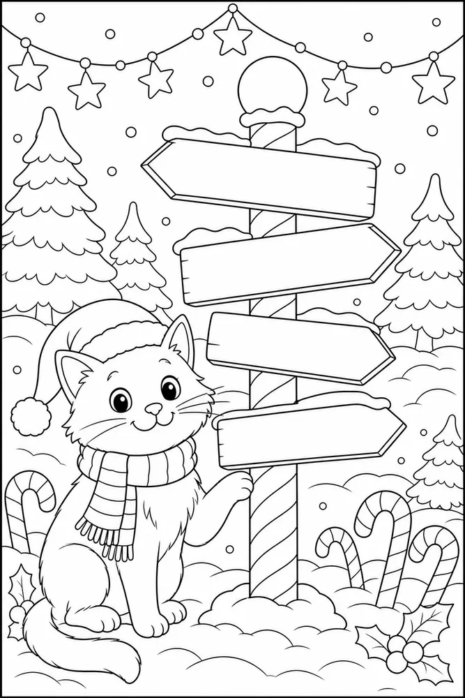 Christmas cat beside a blank holiday signpost coloring page