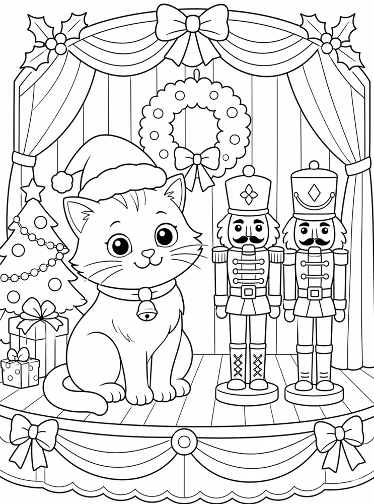 Christmas Cat Nutcracker Stage printable coloring page for kids