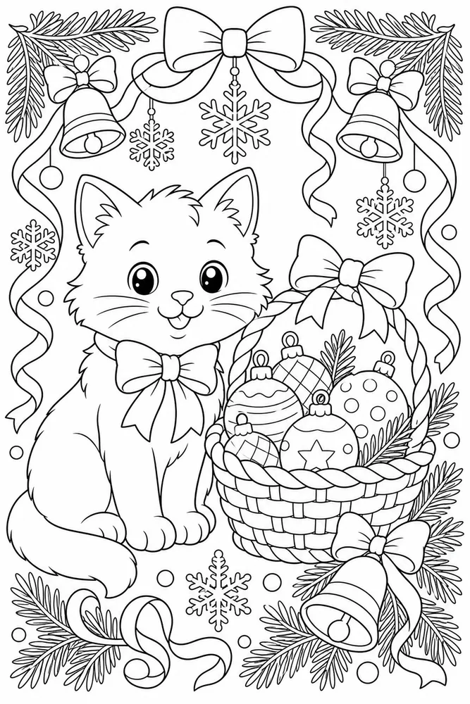 Christmas cat beside an ornament basket coloring page
