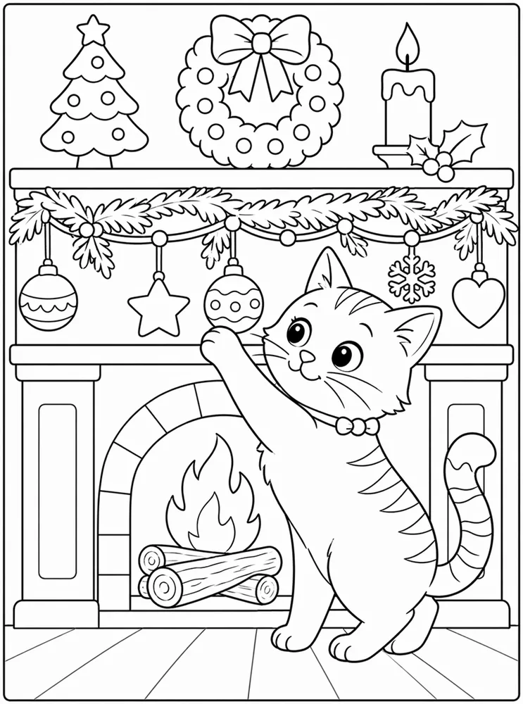 Christmas Cat Ornament Garland printable coloring page for kids