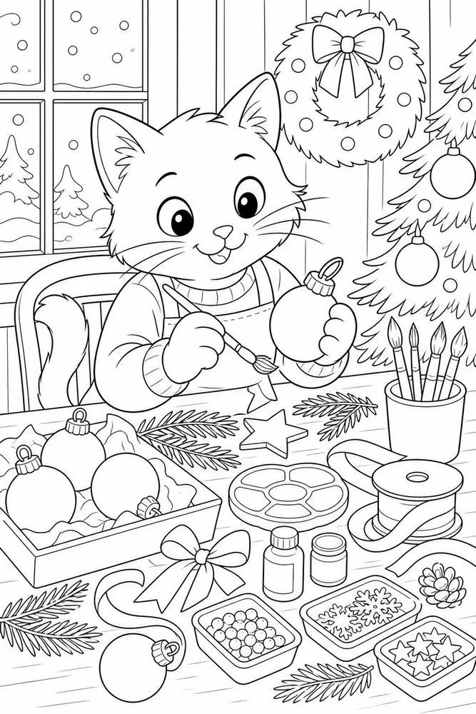 Christmas cat making ornaments at a craft table coloring page