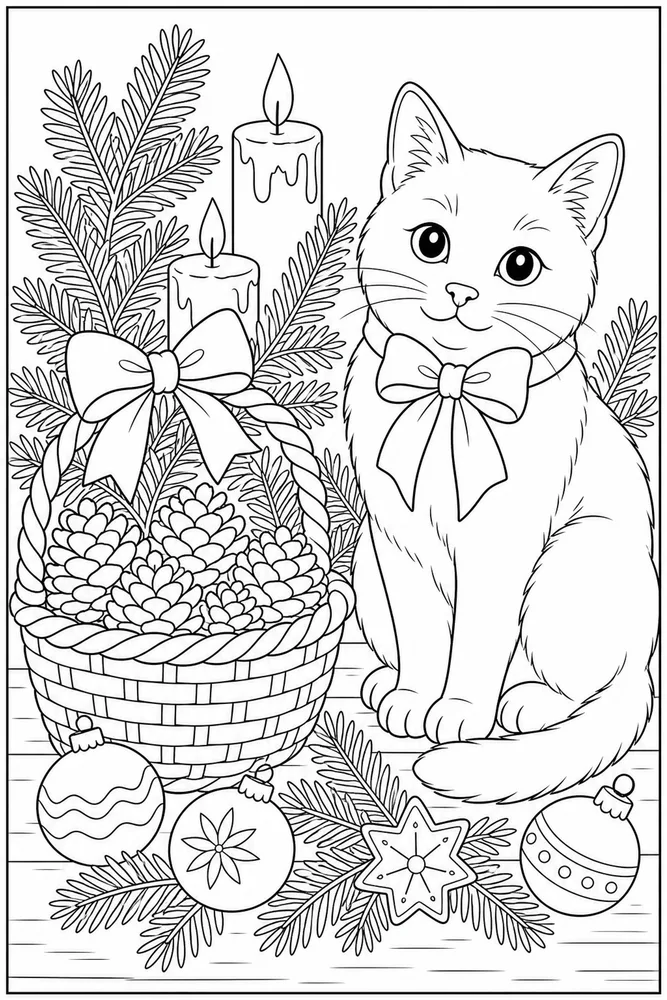 Christmas cat beside a pinecone basket coloring page