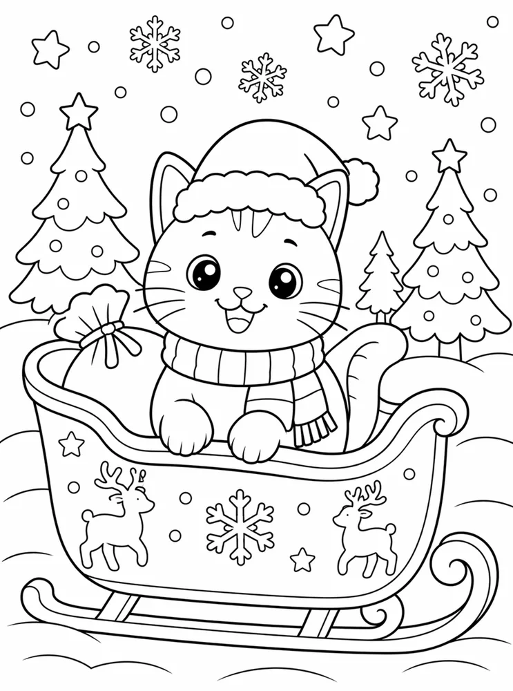Christmas Cat Reindeer Sleigh printable coloring page for kids