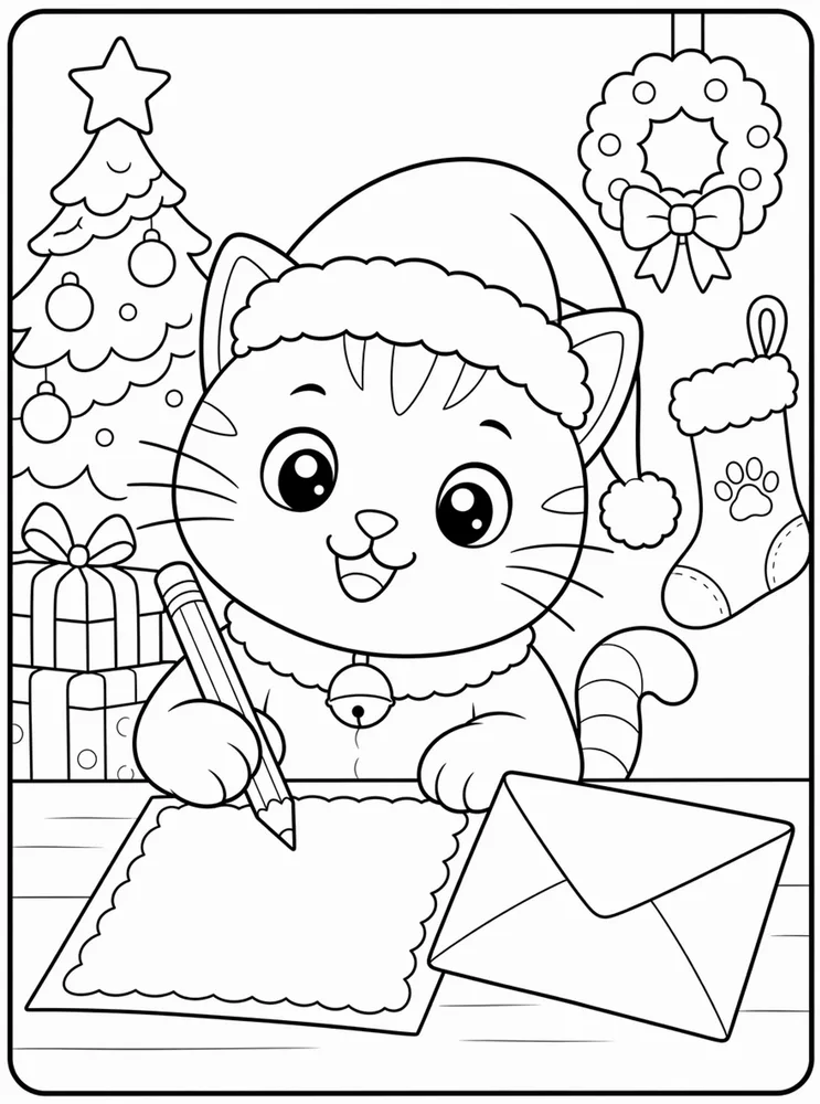 Christmas Cat Santa Letter printable coloring page for kids
