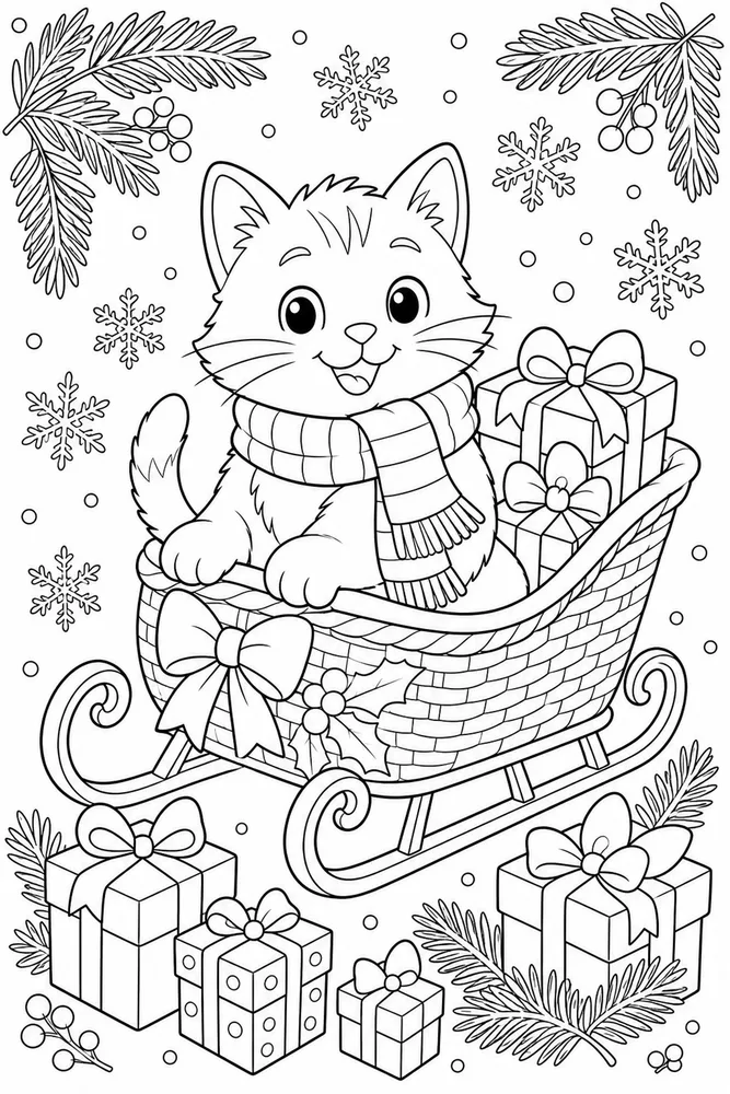Christmas cat riding in a sleigh basket coloring page