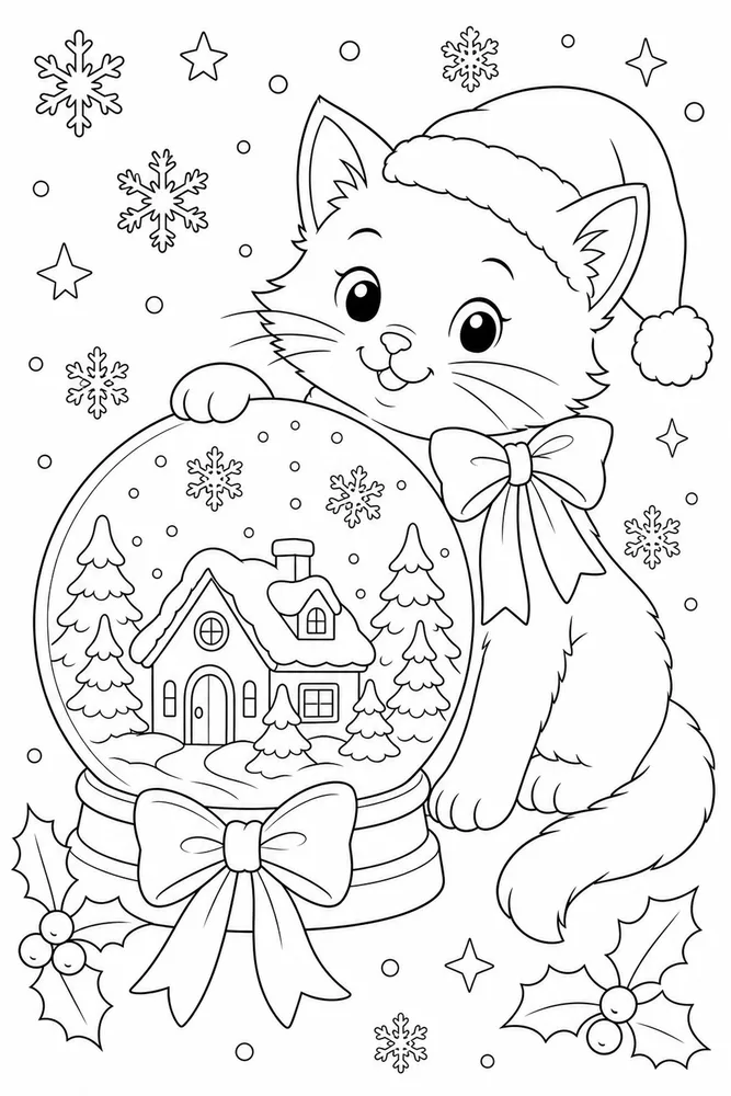 Christmas cat beside a snow globe coloring page