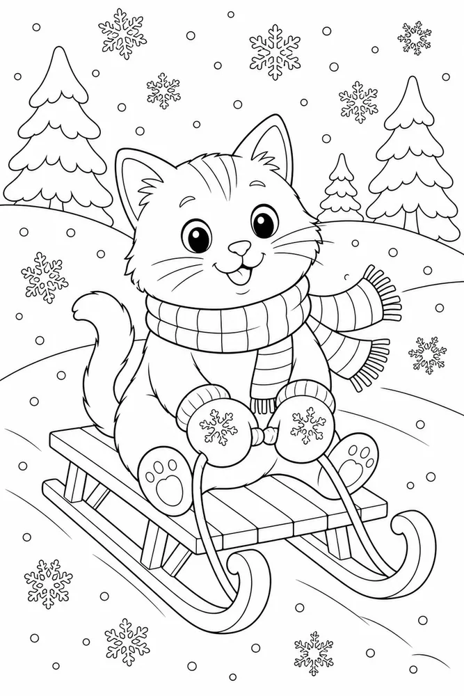 Christmas cat sitting on a small snow sled coloring page