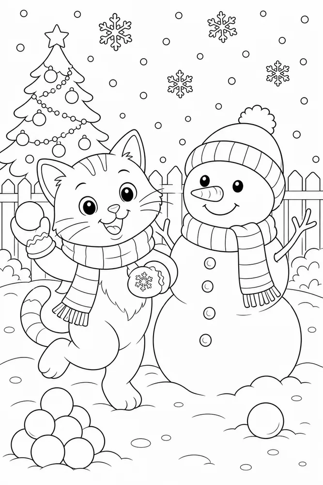 Christmas cat beside a snowman coloring page