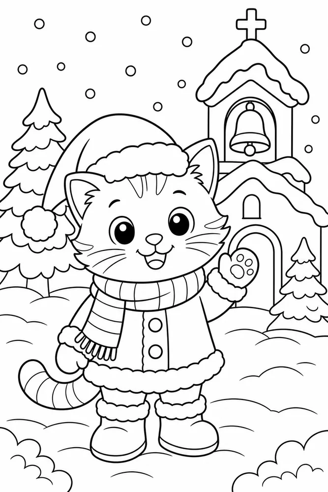 Christmas Cat Snowy Church Bells printable coloring page for kids