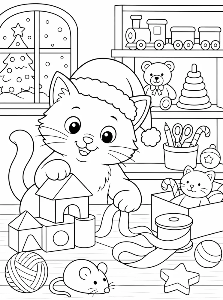 Christmas Cat Toy Workshop printable coloring page for kids