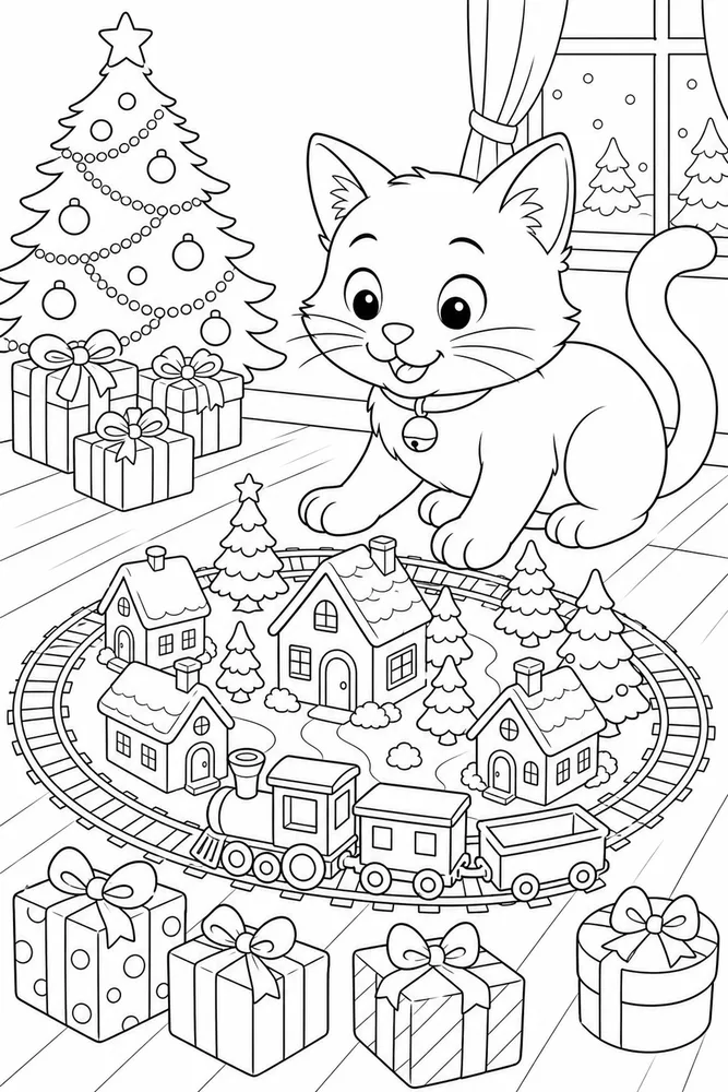 Christmas cat watching a toy train village coloring page