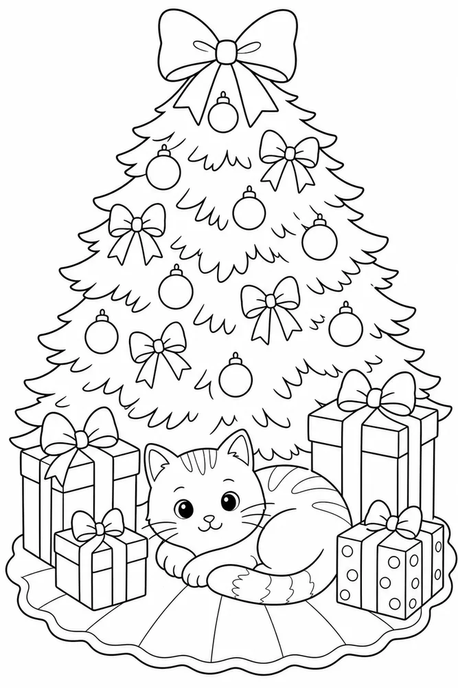 Christmas cat curled under a tree coloring page