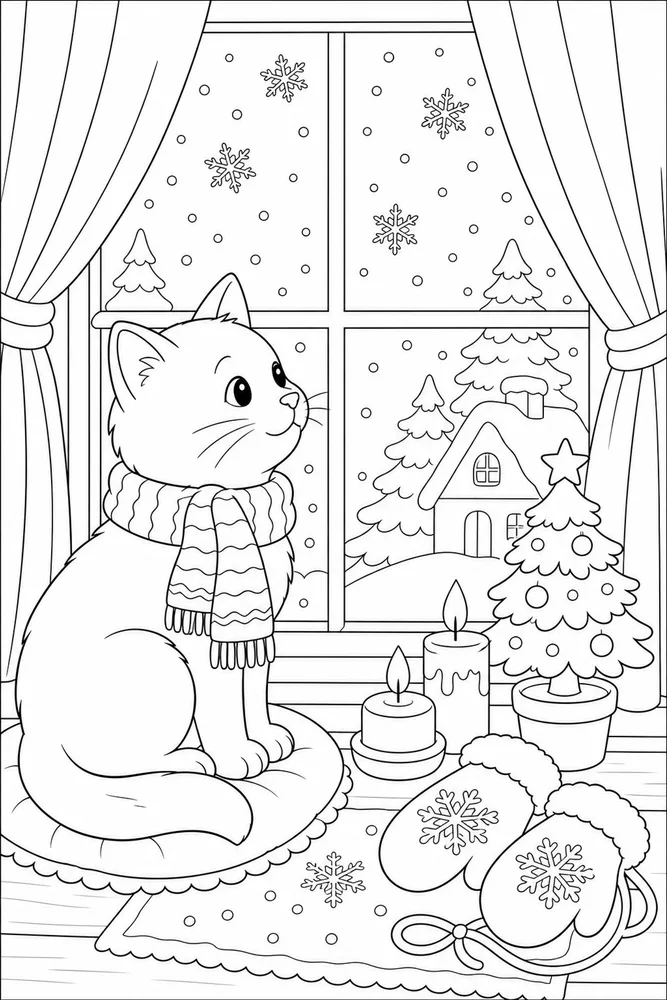 Christmas cat watching snow by a window coloring page