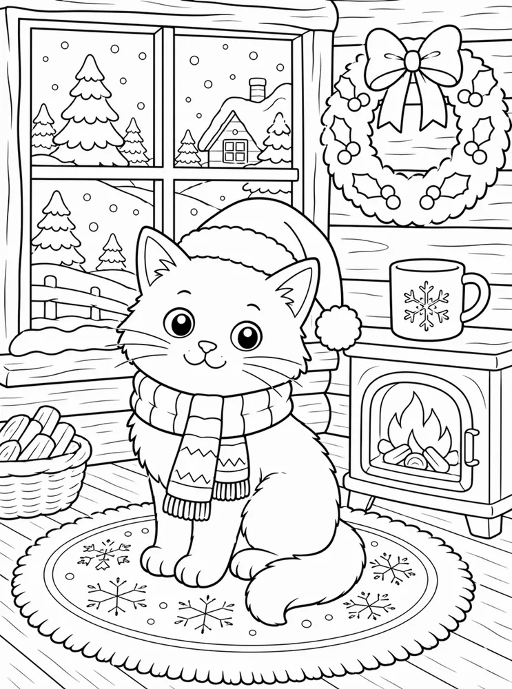Christmas Cat Winter Cabin printable coloring page for kids