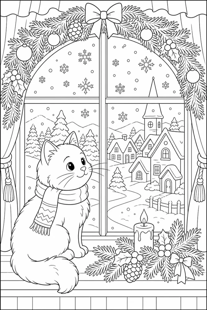 Christmas cat looking at a winter village window coloring page