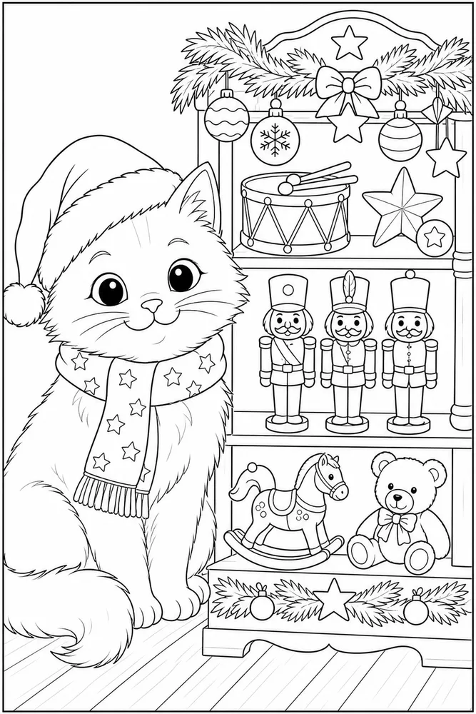 Christmas cat beside wooden soldier toys coloring page