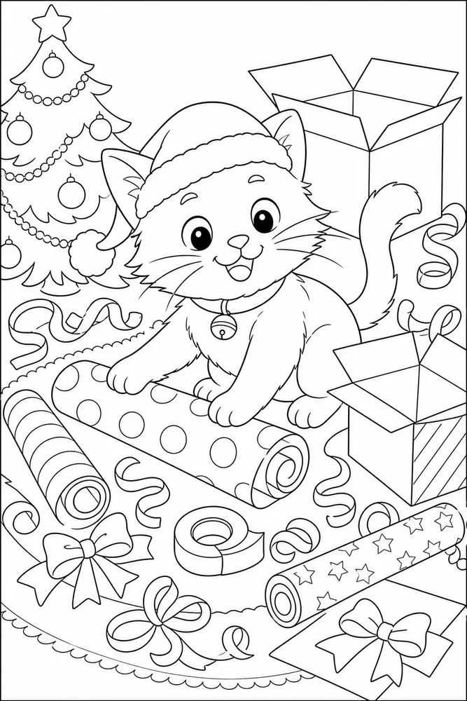 Christmas cat playing with wrapping paper coloring page
