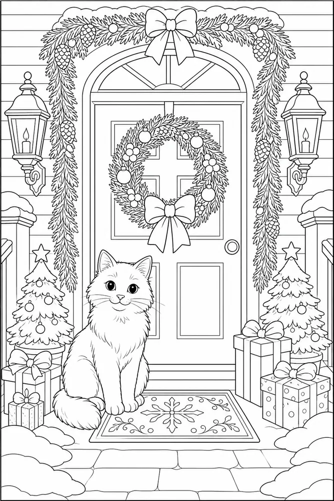 Christmas cat sitting by a wreath door coloring page
