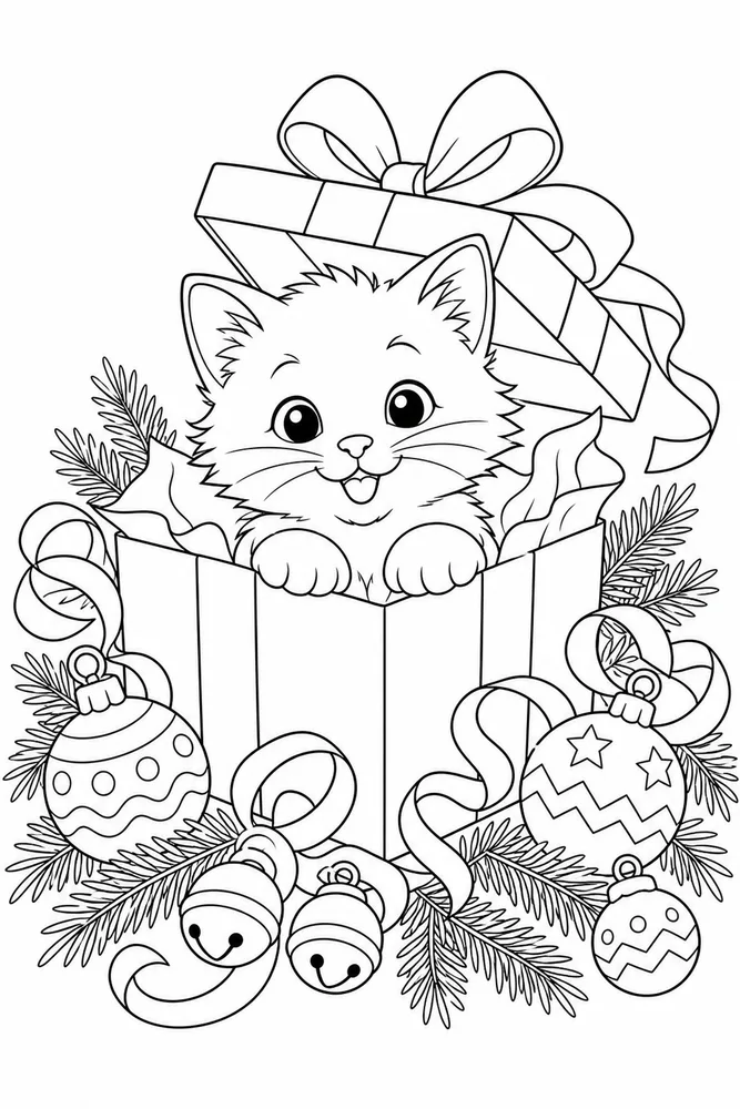 Christmas kitten peeking from a gift box coloring page