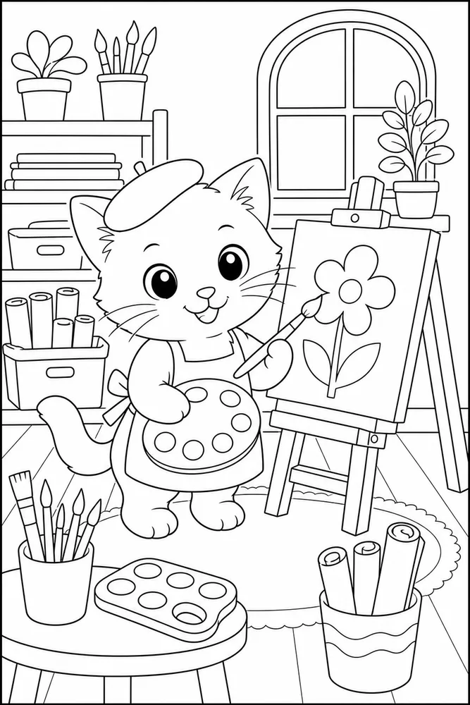 Cute cat art studio shelf coloring page