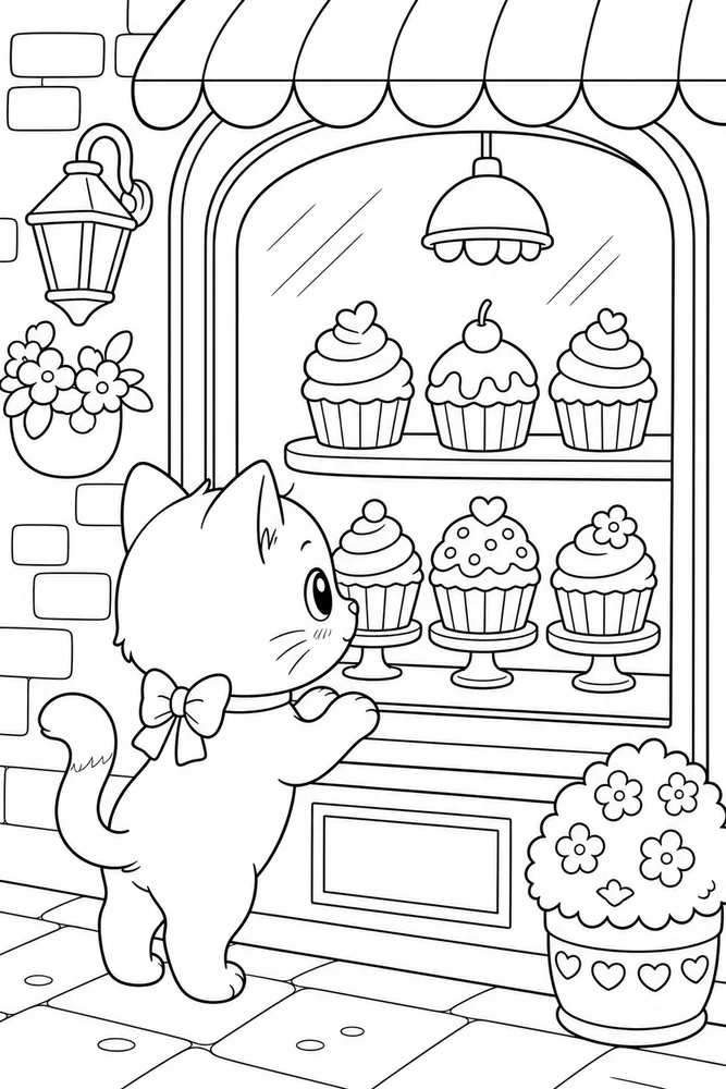 Cute Cat Bakery Window printable coloring page for kids