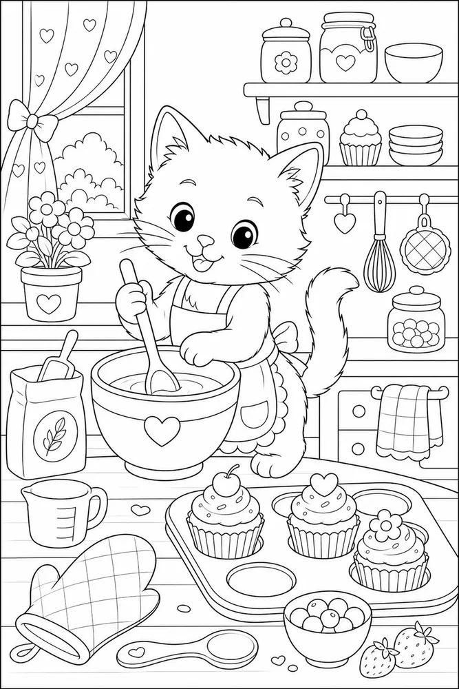 Cute cat baking cupcakes coloring page