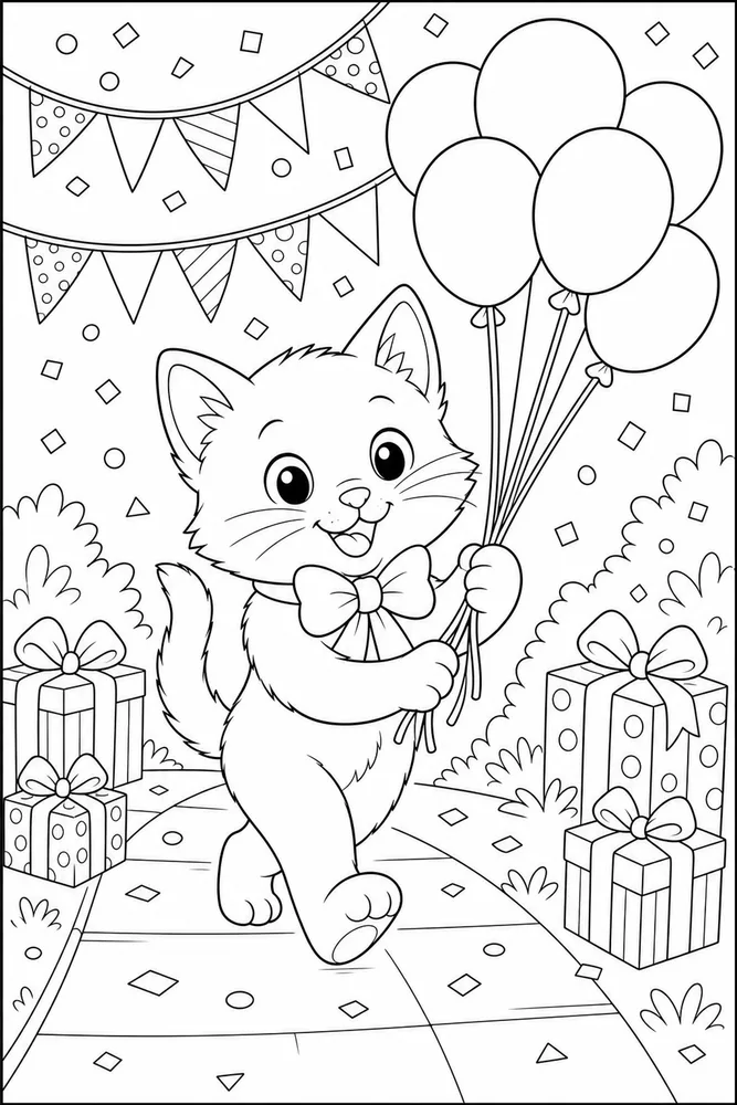 Cute cat balloon parade coloring page