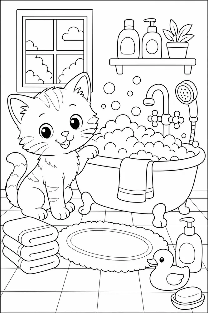 Cute cat bath time bubbles coloring page